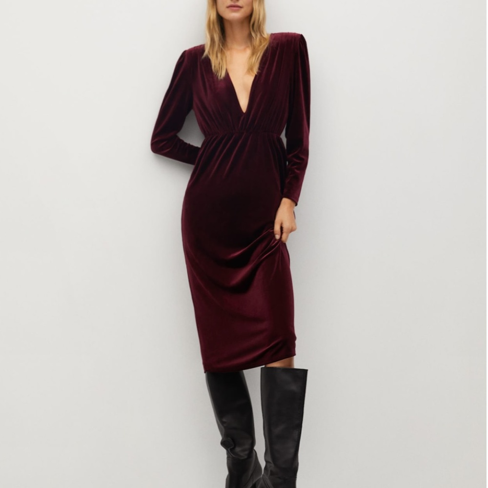 MANGO Shoulder Pad Velvet Dress